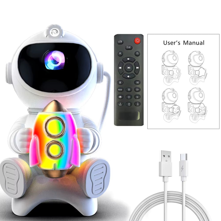 Astronaut Galaxy Projector with remote and user manual, USB cable for cosmic projection and music.