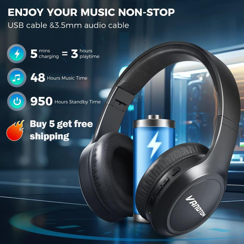 VANOTOM Folding Wireless Headphones Gaming Headset, 1 Piece Foldable over Ear Wireless Bluetooth-Compatible Headphones, Long Battery Life Audio Hifi Bass Earphone Earbuds, Wireless Headphone for Sports Music Work Use, Mother'S Day Gift