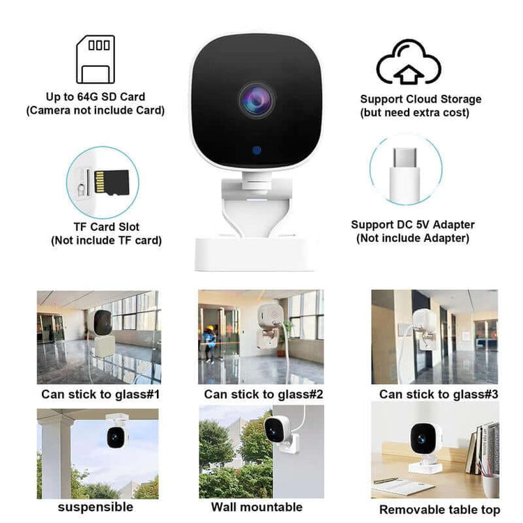 WiFi Wireless Home Security Camera features including SD card slot, mounting options, and capabilities for home security.