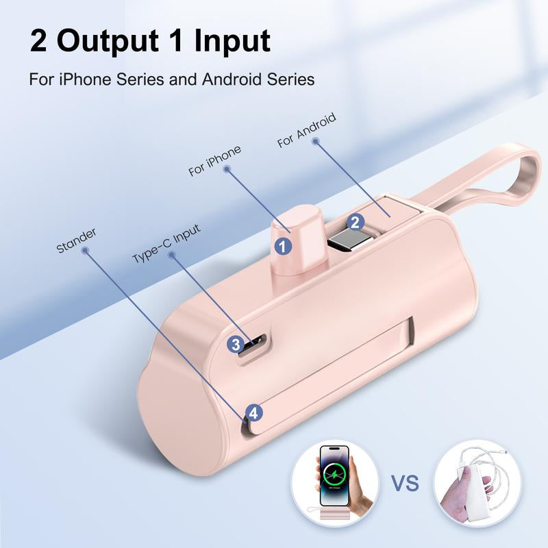 4500Mah Mini Power Bank with Built in 2 Cables & Lanyard - Ultra Compact Portable Charger Iphone,Android , Phone Holder, Charging Chargeable Black Smartphone Accessories