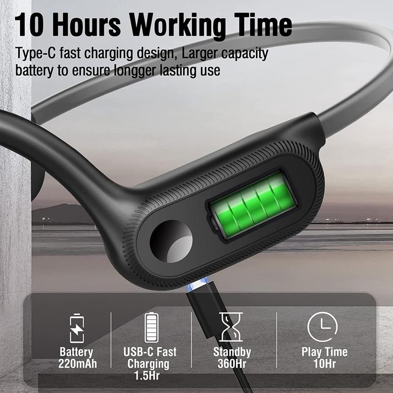 Air conduction headphones for sports with 10 hours working time and fast charging capabilities.