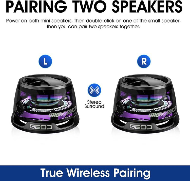 Pairing two Magnetic Bluetooth Speaker RGB G200 mini speakers for true wireless stereo sound.