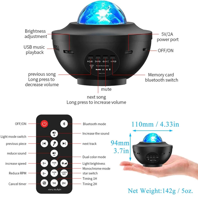 LED Galaxy Projector with remote control showing features like brightness adjustment and Bluetooth music playback.