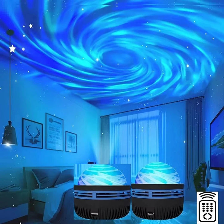 LED Galaxy Projector Light creating a colorful galaxy effect on the ceiling in a cozy bedroom setting.