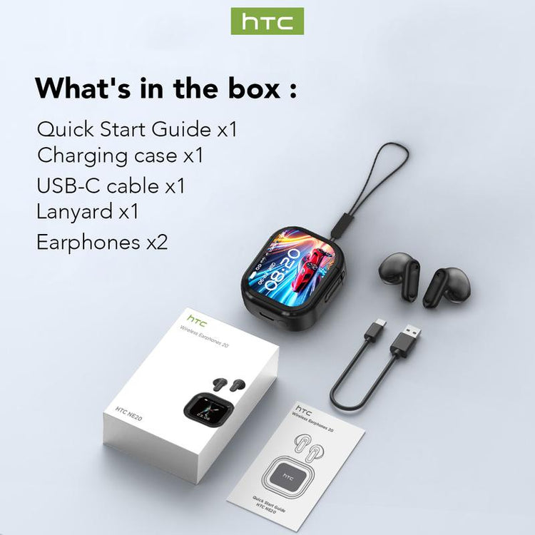 Bluetooth 6.0 Wireless Earphones – HTC NE20 package contents including earphones, charging case, and accessories.