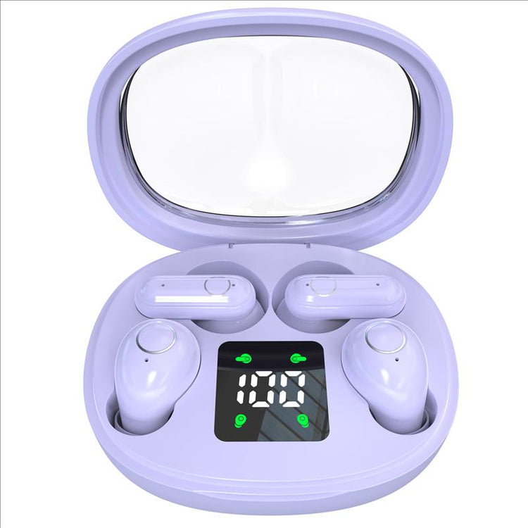 Wireless noise cancelling earbuds for fitness in a stylish purple charging case with digital display.