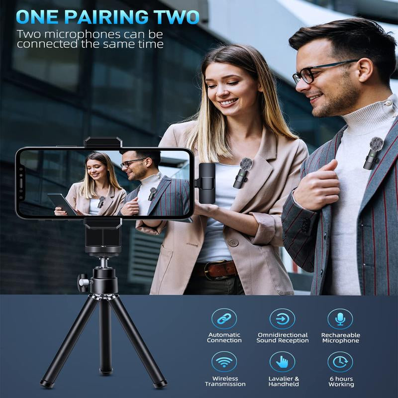 2 Pack Lavalier Wireless Microphone for Iphone Smartphone Ipad, Wireless Lapel Microphone with Clear Audio for Recording, Wireless Microphone for Video Recording, Game Live Streaming, Interviews, Vlog