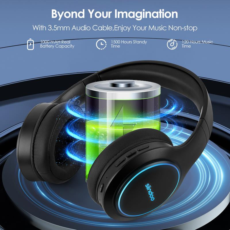 Siindoo Bluetooth Headphones over Ear, Led Light Wireless Headphones 120H Playtime and 3EQ Music Modes Wireless Headphones with Microphone, Hifi Stereo Foldable Lightweight Headset, Deep Bass for Home Office Cellphone PC