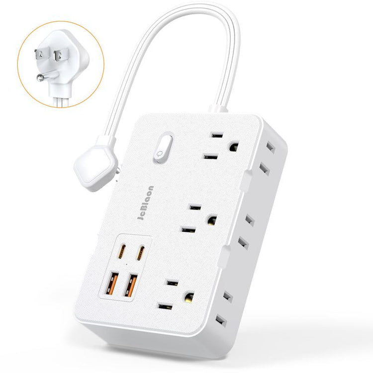 10Ft Flat Plug Extender, 6 Outlets + 4 USB (2 USB-C), Wall Mount. Perfect for Office, Travel & Dorm, Compact & Powerful