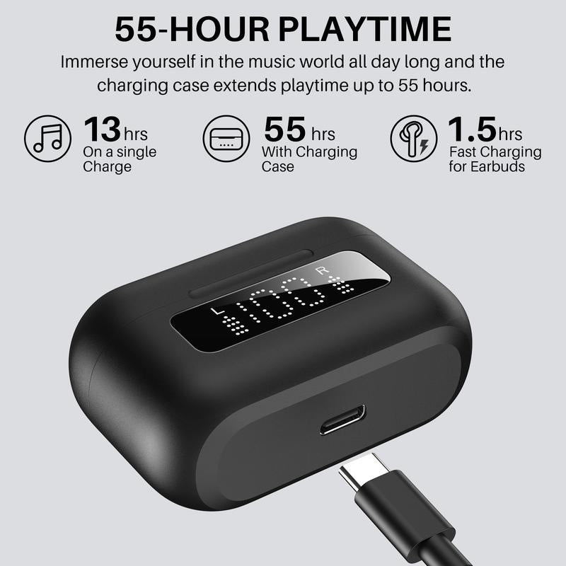 TOZO NC3 Hybrid Active Noise Cancelling Wireless Earbuds, 6 Mics ENC Clear Call, 55H Long Playtime, 32 Preset Eqs via APP, Bluetooth 5.3 Headset, IPX8 Waterproof, In-Ear Headphones with LED Display Audio Electronic Noisecancellingheadphones Black