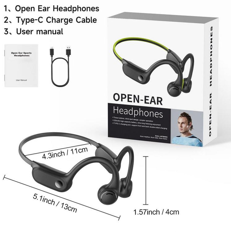 Air conduction headphones for sports with open-ear design, Type-C Charge Cable, and user manual included.