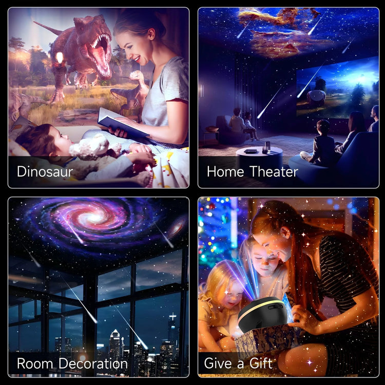 Collage of Planetarium Style Galaxy Projector in use: dinosaur scenes, home theater, room decor, and gifting moments.
