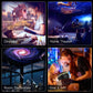 Collage of Planetarium Style Galaxy Projector in use: dinosaur scenes, home theater, room decor, and gifting moments.