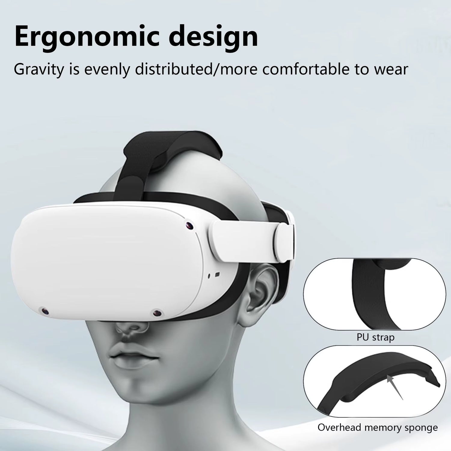 Meta Quest 3 Head Strap Upgrade showing ergonomic design for comfortable VR wearing experience.