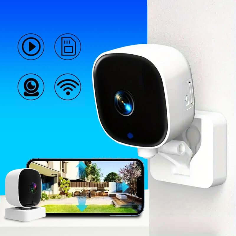 WiFi Wireless Home Security Camera installed on a wall with smartphone live feed display.