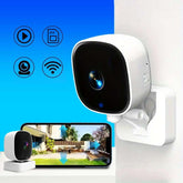 WiFi Wireless Home Security Camera installed on a wall with smartphone live feed display.