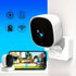 WiFi Wireless Home Security Camera installed on a wall with smartphone live feed display.