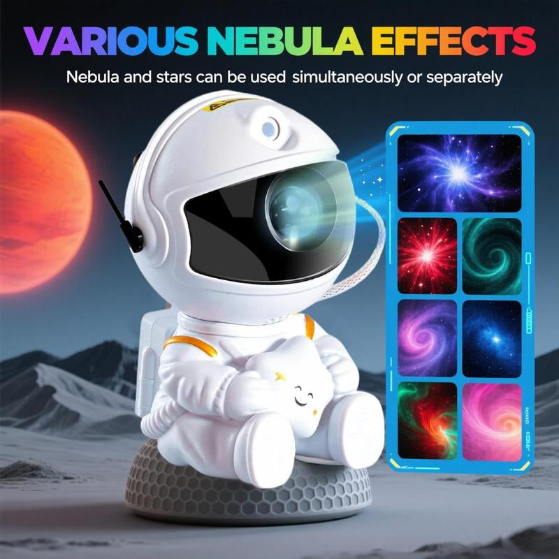 Astronaut Star Projector showcasing various nebula effects and colorsperfect for creating a galaxy ambiance in kids&