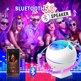 Star Projector Galaxy Light with Bluetooth 5.0 speaker at a party, colorful ambiance and fun atmosphere.