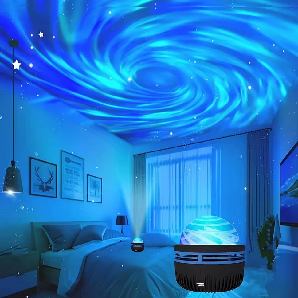 LED Galaxy Projector Light illuminating a bedroom ceiling with swirling blue galaxy effects.