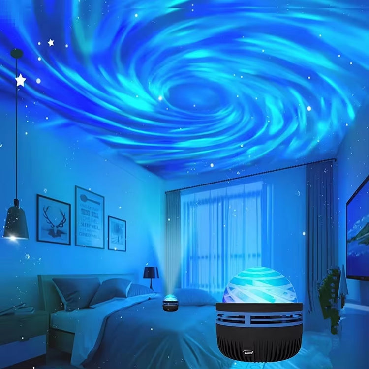 LED Galaxy Projector Light illuminating a bedroom ceiling with swirling blue galaxy effects.