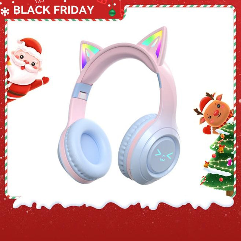 Cat Ear Bluetooth Headphones – LED Foldable Over-Ear with colorful ear tips and festive background.