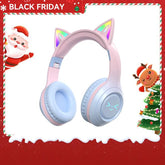 Cat Ear Bluetooth Headphones – LED Foldable Over-Ear with colorful ear tips and festive background.