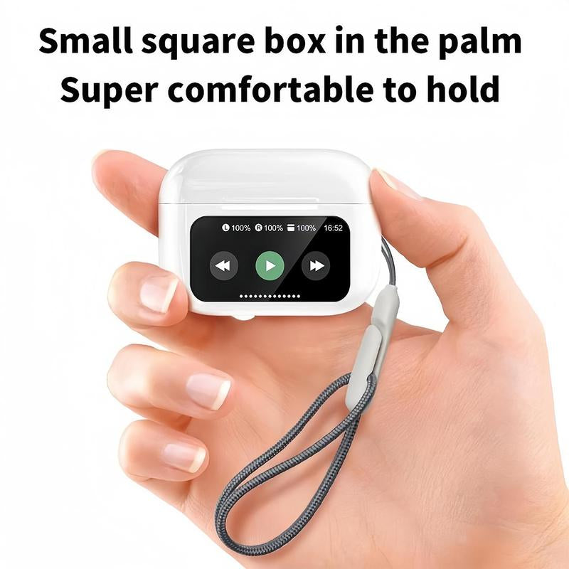 Full Color Display Wireless Earbuds case in hand, showcasing comfortable grip and touch controls.