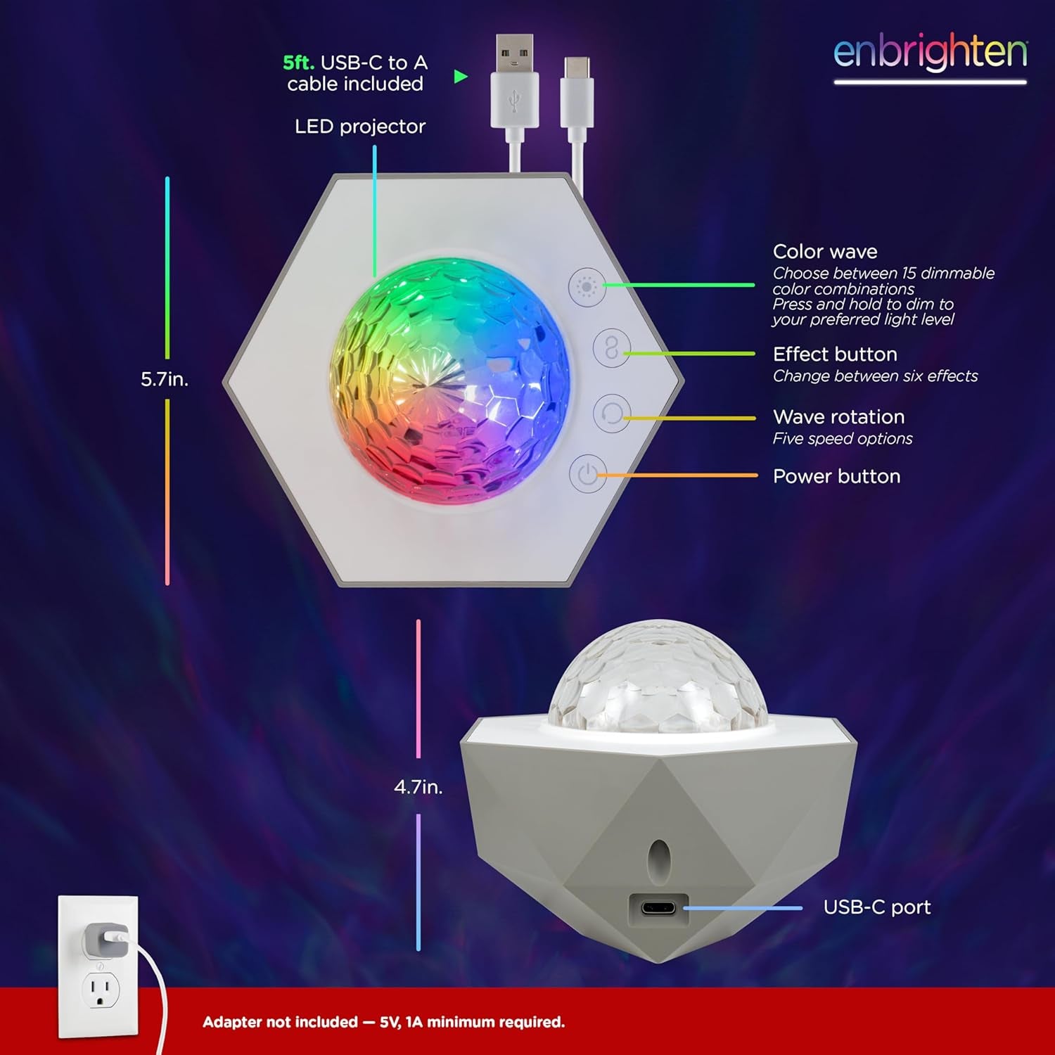 Aurora Wave LED Nebula Projector features color wave, effect button, wave rotation, and USB-C port for easy setup.