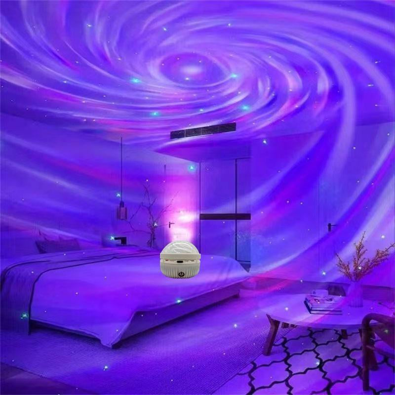 Black Hole Aurora Projector creating a cosmic water ripple effect in a modern bedroom ambiance.