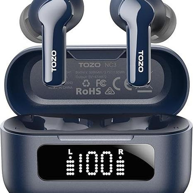 TOZO NC3 Hybrid ANC Earbuds, 6 Mics ENC Clear Call, 55H Long Playtime, 32 Preset Eqs via APP, Bluetooth 5.3 Headset, IPX8 Waterproof, In-Ear Headphones with LED Display Audio Electronic Noisecancellingheadphones Black