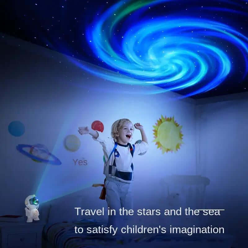 Child enjoying the Astronaut Galaxy Projector, with starry projections creating a magical atmosphere in a bedroom.