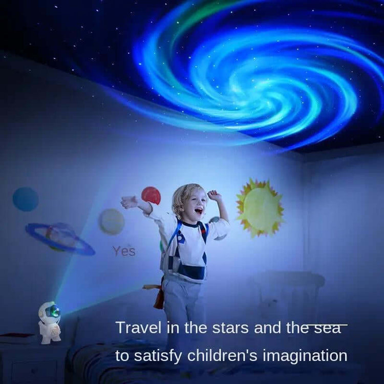 Child enjoying the Astronaut Galaxy Projector, with starry projections creating a magical atmosphere in a bedroom.