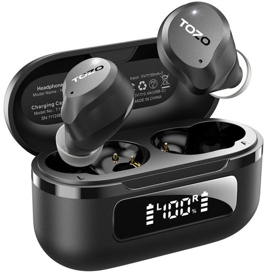 TOZO 2024NC9 Hybrid Active Noise Cancelling Wireless Earbuds ENC IPX8 Waterproof Bluetooth 5.3 Headphones Stereo Bass Heasets Headsets Audio Headphones Audifonos Traveling Gadgets Electronic Fathersdaygift Dark Black Microphone Charging