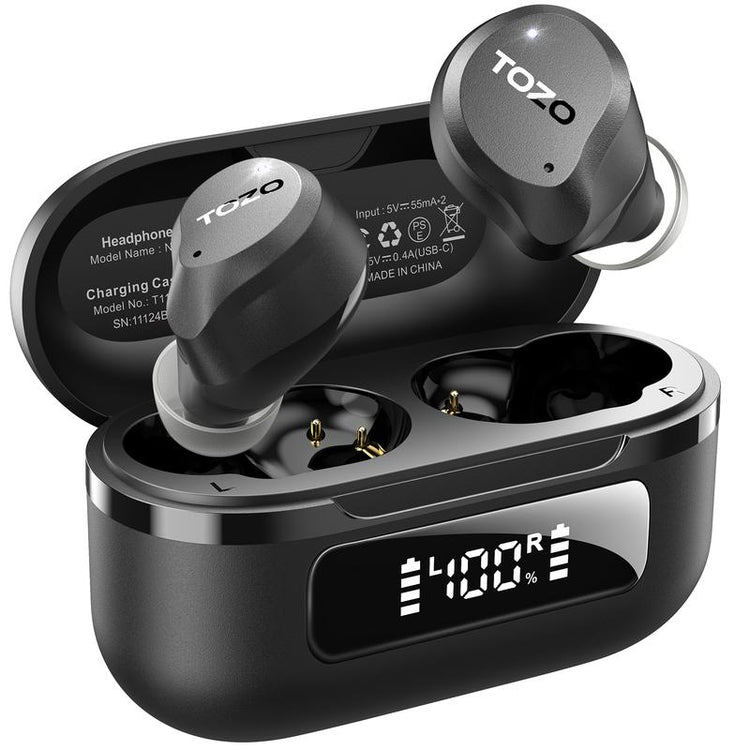 TOZO 2024NC9 Hybrid Active Noise Cancelling Wireless Earbuds ENC IPX8 Waterproof Bluetooth 5.3 Headphones Stereo Bass Heasets Headsets Audio Headphones Audifonos Traveling Gadgets Electronic Fathersdaygift Dark Black Microphone Charging