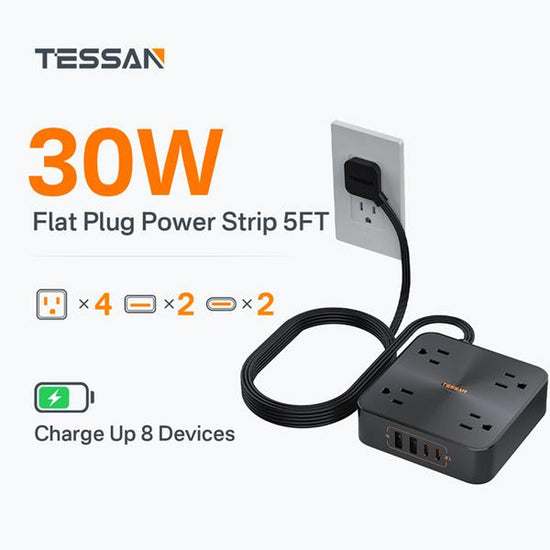 TESSAN Flat Plug Surge Protector Power Strip, 30W Fast Charging Station, 5FT Flat Extension Cord with 4 Outlets & 4 USB C, Wall Mount Compact Desk Charging Station for Office, Dorm, Home Essentials