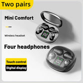 Wireless noise cancelling earbuds for fitness in compact case featuring touch control and digital display.