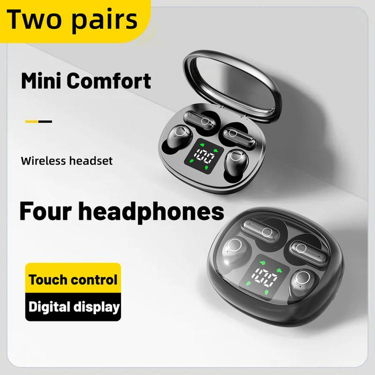 Wireless noise cancelling earbuds for fitness in compact case featuring touch control and digital display.