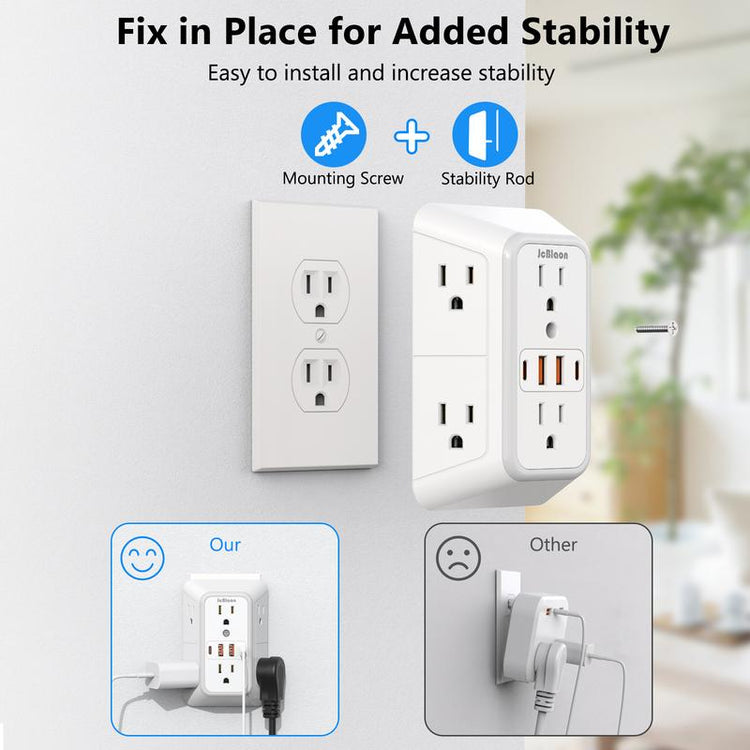 USB Wall Charger, 6 Outlet Extender with 4 USB Charging Ports 3-Sided Power Strip Multi Plug Outlets Wall Adapter Spaced for Home Travel Office