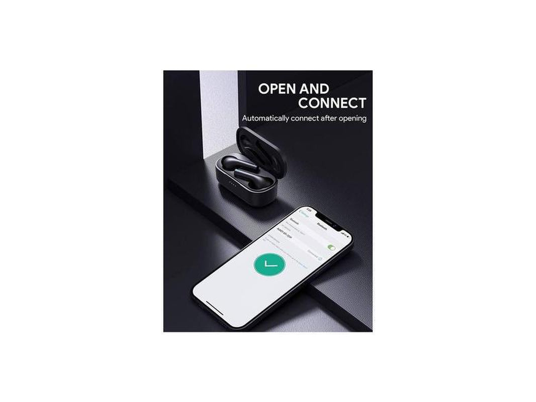 Aukey EP-T21P Wireless Earbuds in charging case with smartphone showing automatic connect feature.