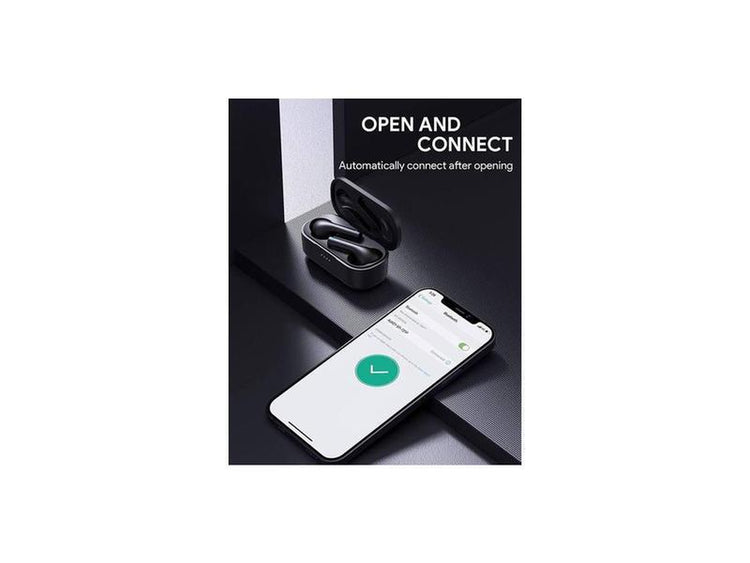 Aukey EP-T21P Wireless Earbuds in charging case with smartphone showing automatic connect feature.