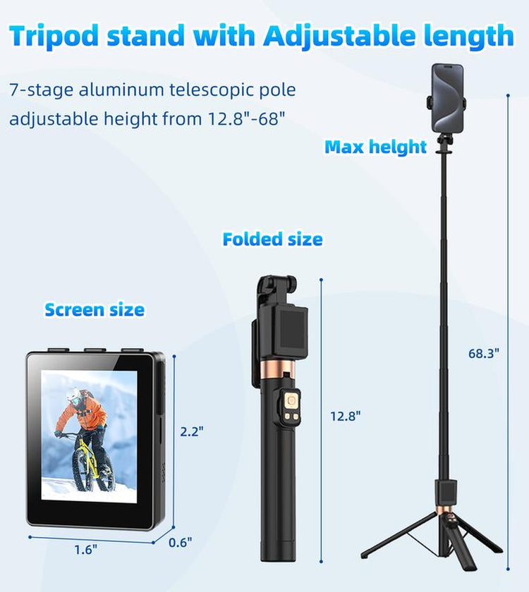 68" Selfie Stick Tripod with Selfie Screen Monitor,Wireless Remote,Light, Phone Holder,Using Phone Rear Camera for Selfie Vlog Live Stream Tiktok， Extendable Cell Phone Tripod, Compatible with Iphone Android Phone Cellphone Smartphone