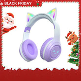 Cat Ear Bluetooth Headphones – LED Foldable Over-Ear with purple ear cushions and colorful cat ears.