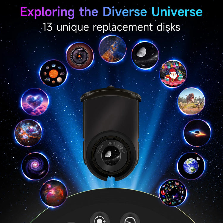 Planetarium Style Galaxy Projector showcasing 13 unique replacement disks for exploring the diverse universe.