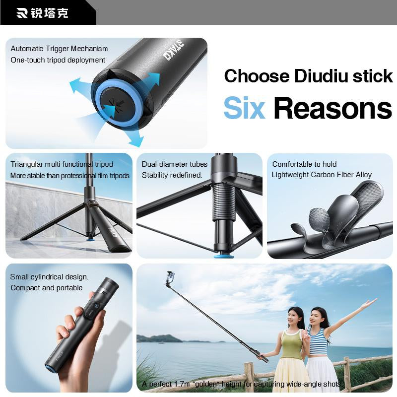 RTAKO 60"Portable Selfie Stick Tripod with Remote，One Click Open, Wireless Remote Included.For Cellphone.