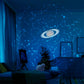Planetarium Style Galaxy Projector illuminating a room with star patterns and a Saturn projection on the wall.