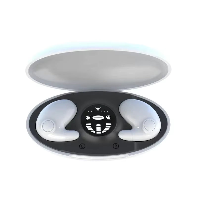 Invisible Sleep Wireless Earbuds in charging case, showcasing ergonomic design for comfort fit and relaxation.
