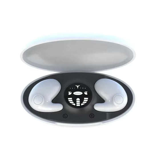 Invisible Sleep Wireless Earbuds in charging case, showcasing ergonomic design for comfort fit and relaxation.