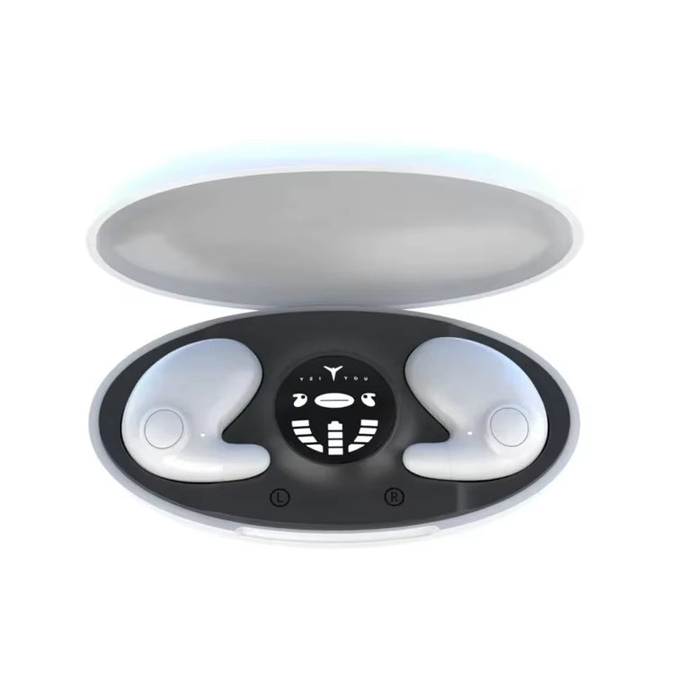 Invisible Sleep Wireless Earbuds in charging case, showcasing ergonomic design for comfort fit and relaxation.