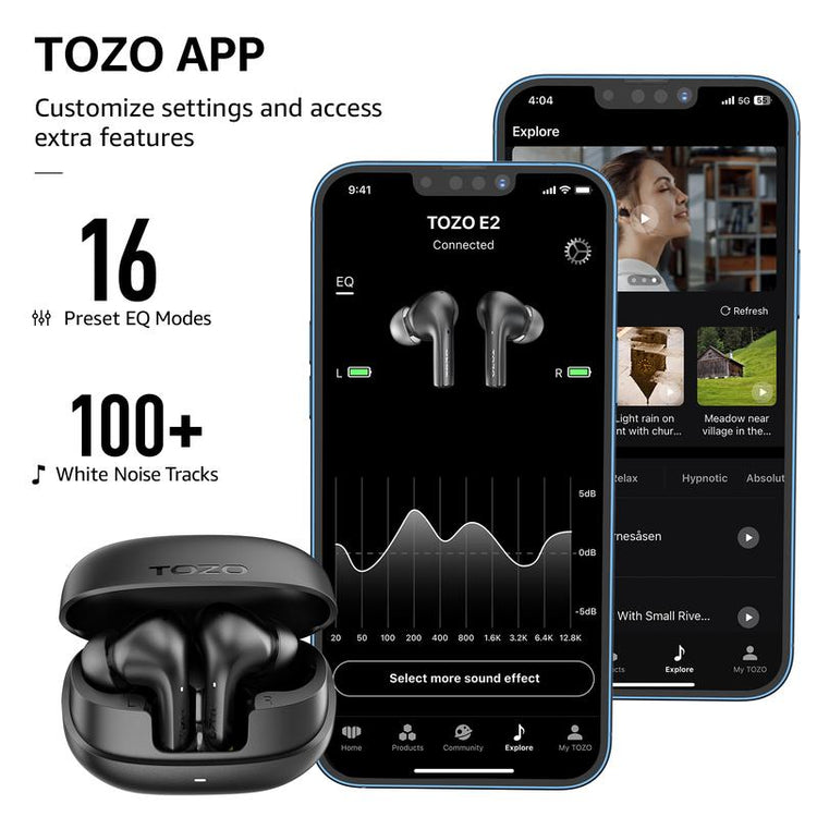TOZO E2 Wireless Earbuds with Call Noise Cancellation, App Customize 32 Eqs, 10Mm Drivers with Powerful Bass, 30H Playtime, 2 Mics for Clear Calls, Bluetooth 5.3 Headphones, Comfort Fit In-Ear Headset Fathersdaygift Audio Charging Electronic Chargeable
